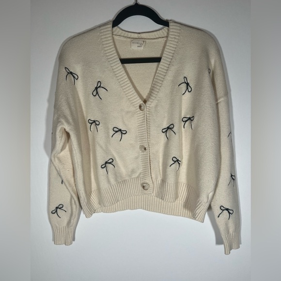 Dreamers by Debut cream v-neck cardigan bow graphic sz M/L cottagecore coquette - Picture 1 of 7